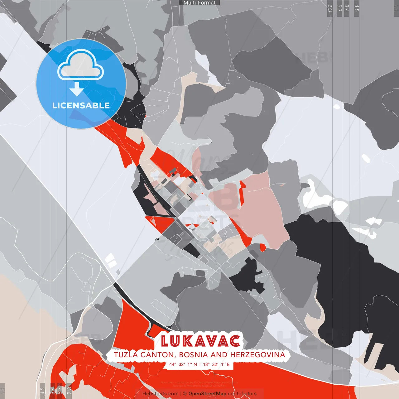 Lukavac, Tuzla Canton, Bosnia and Herzegovina - modern street map poster template with gray and red tones