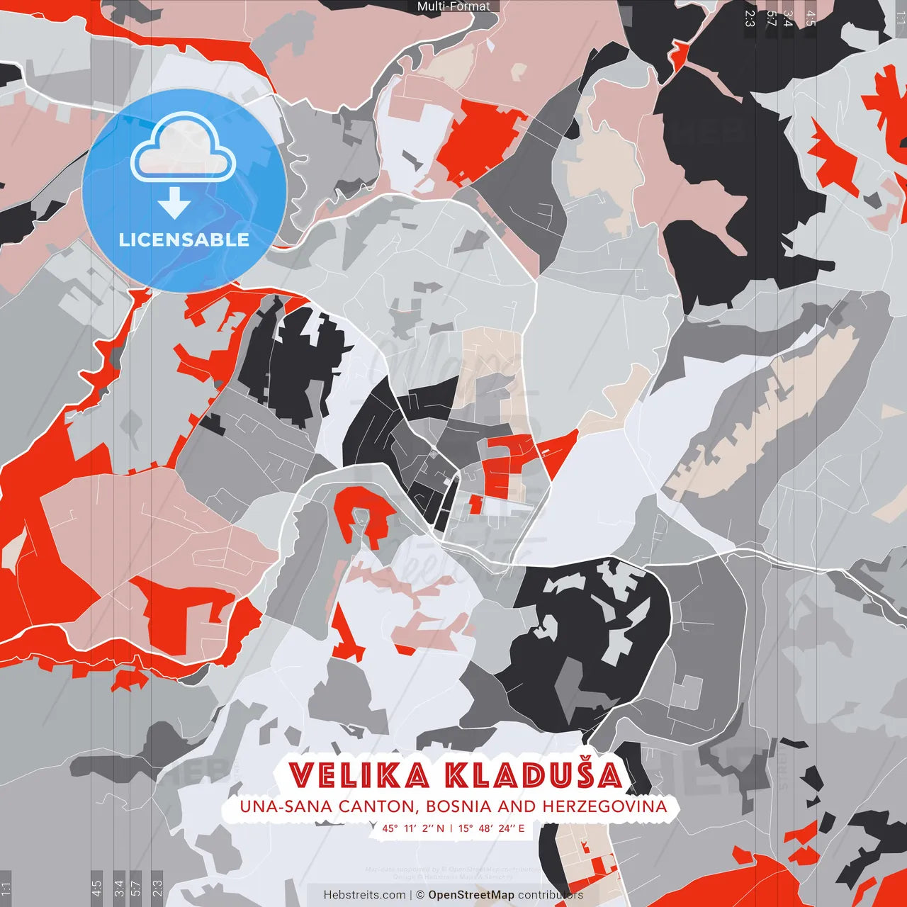 Velika Kladuša, Una-Sana Canton, Bosnia and Herzegovina - modern street map poster template with gray and red tones