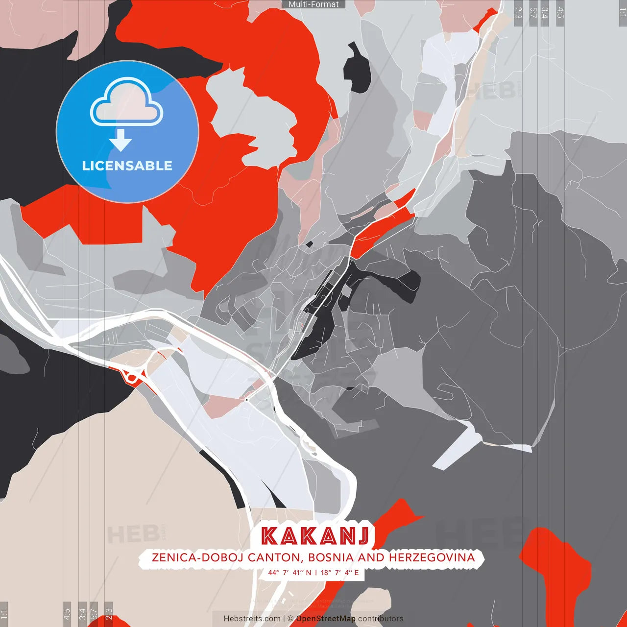 Kakanj, Zenica-Doboj Canton, Bosnia and Herzegovina - modern street map poster template with gray and red tones