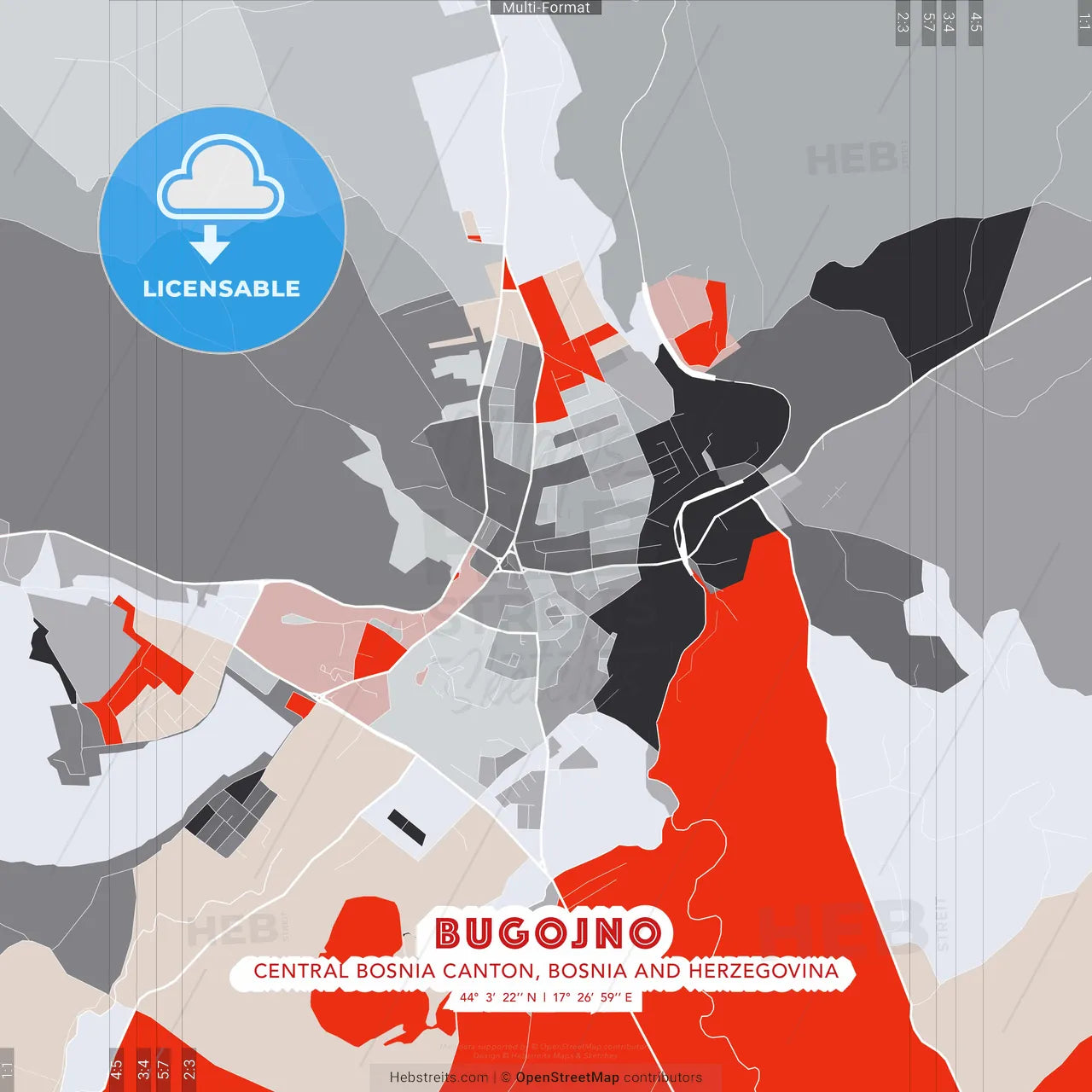Bugojno, Central Bosnia Canton, Bosnia and Herzegovina - modern street map poster template with gray and red tones