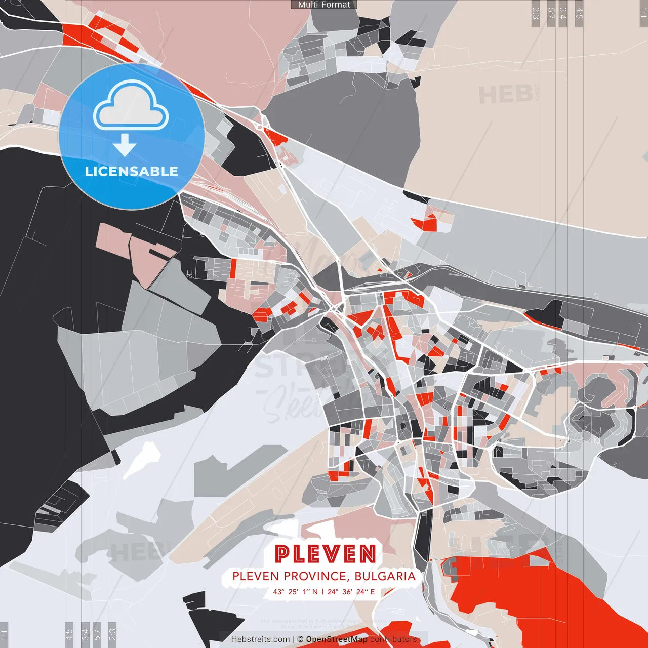 Pleven, Pleven Province, Bulgaria - modern street map poster template with gray and red tones