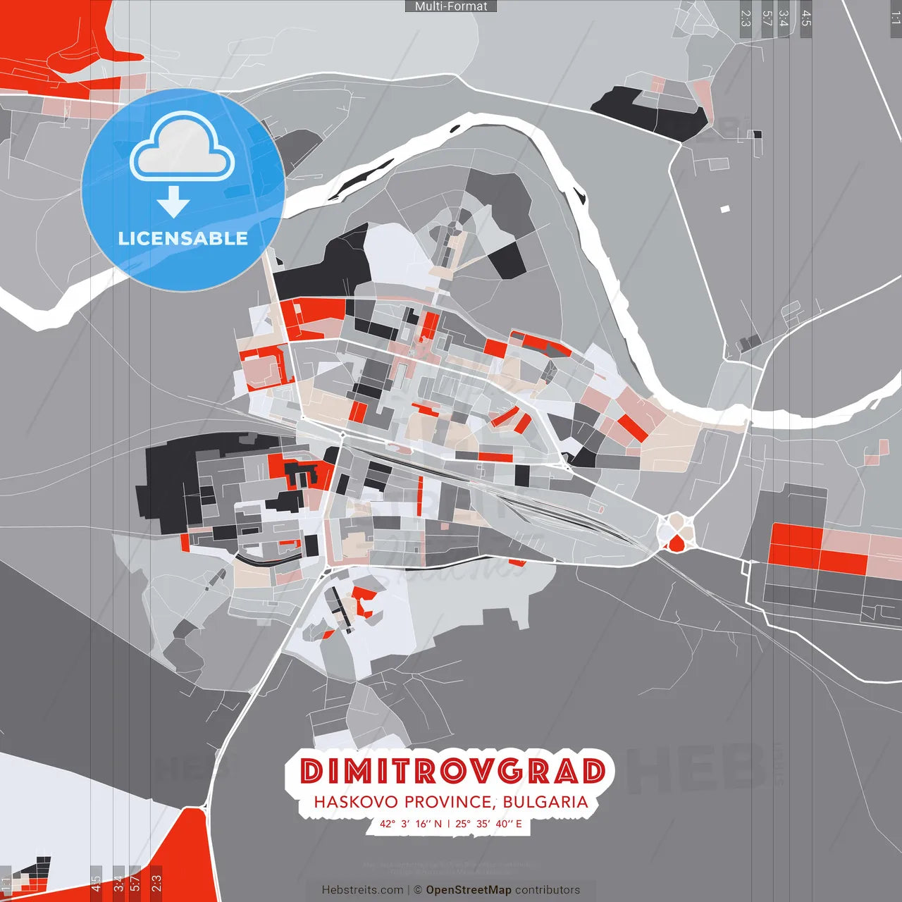 Dimitrovgrad, Haskovo Province, Bulgaria - modern street map poster template with gray and red tones