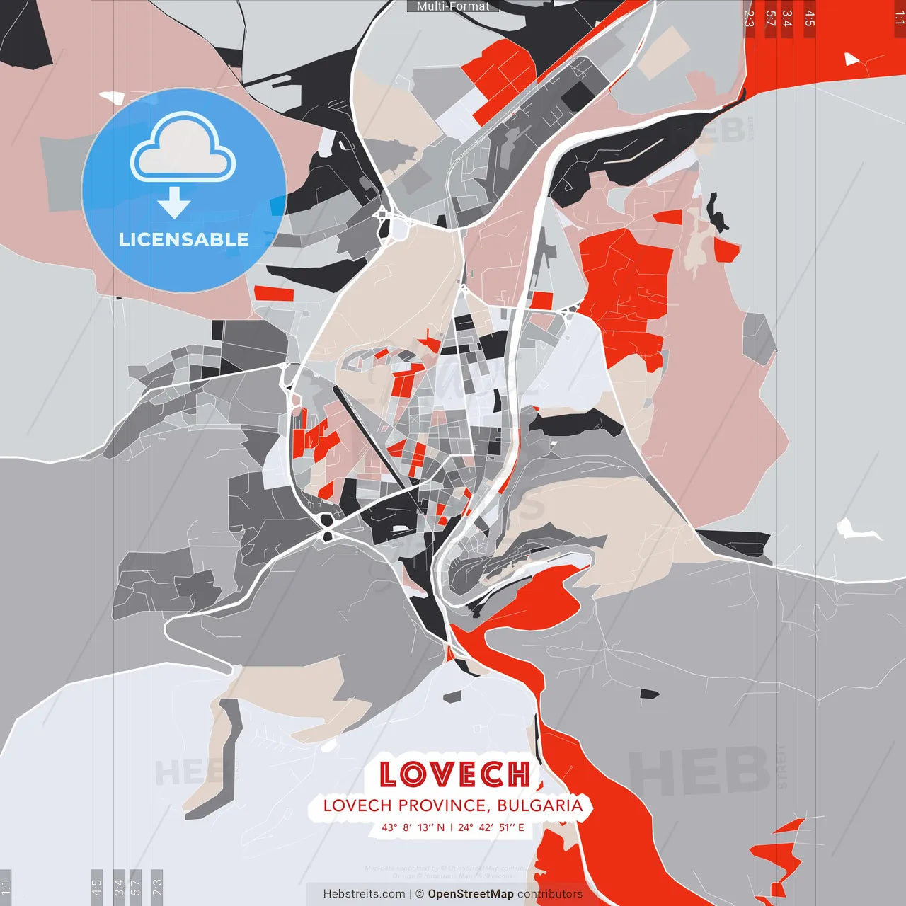 Lovech, Lovech Province, Bulgaria - modern street map poster template with gray and red tones
