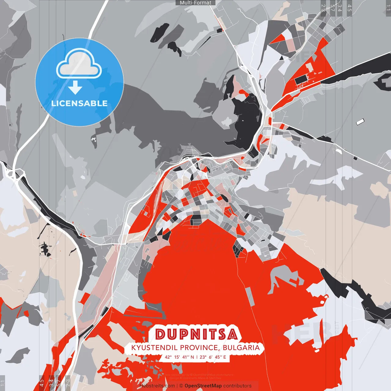 Dupnitsa, Kyustendil Province, Bulgaria - modern street map poster template with gray and red tones