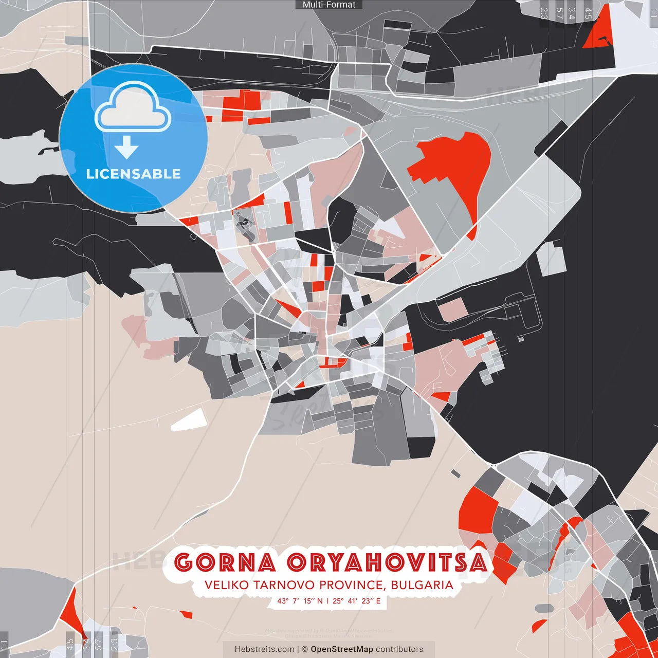 Gorna Oryahovitsa, Veliko Tarnovo Province, Bulgaria - modern street map poster template with gray and red tones