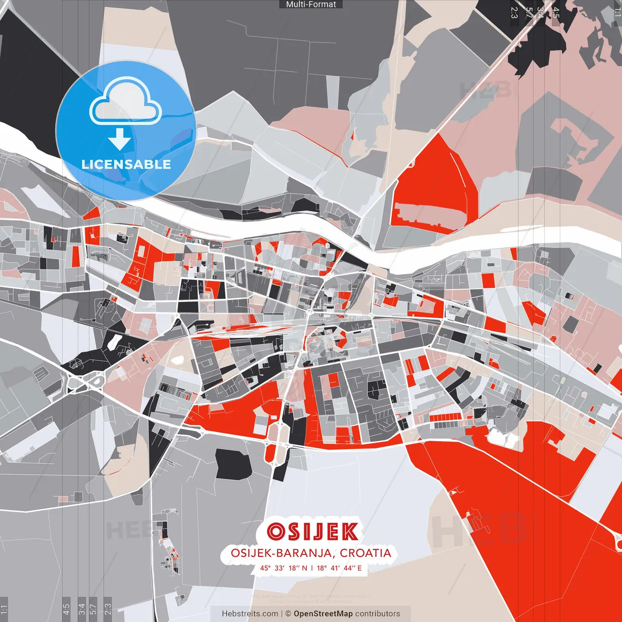 Osijek, Osijek-Baranja, Croatia - modern street map poster template with gray and red tones