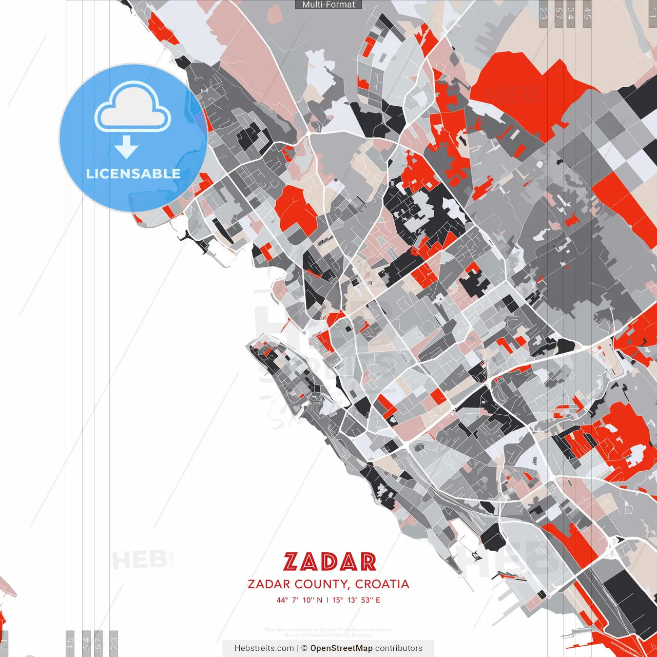 Zadar, Zadar County, Croatia - modern street map poster template with gray and red tones