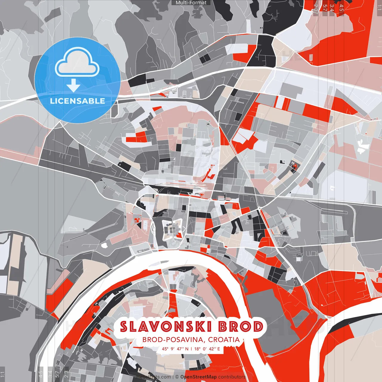 Slavonski Brod, Brod-Posavina, Croatia - modern street map poster template with gray and red tones