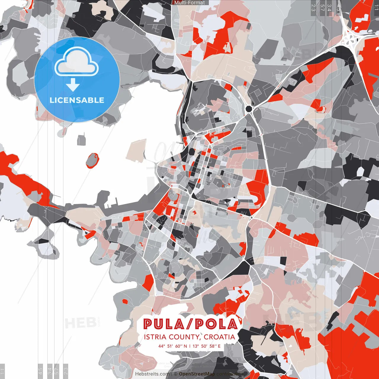 Pula/Pola, Istria County, Croatia - modern street map poster template with gray and red tones