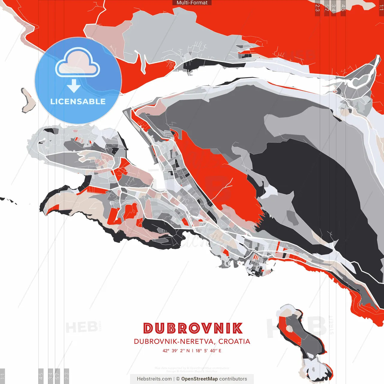 Dubrovnik, Dubrovnik-Neretva, Croatia - modern street map poster template with gray and red tones