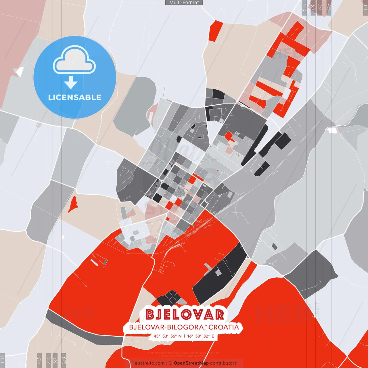 Bjelovar, Bjelovar-Bilogora, Croatia - modern street map poster template with gray and red tones