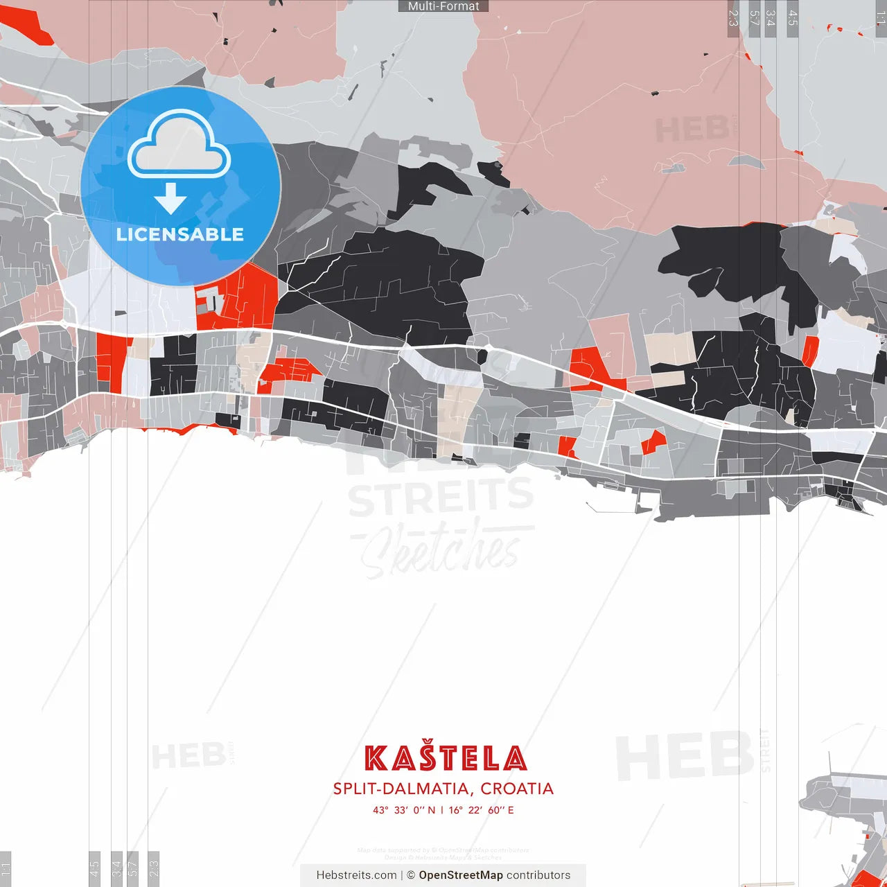 Kaštela, Split-Dalmatia, Croatia - modern street map poster template with gray and red tones