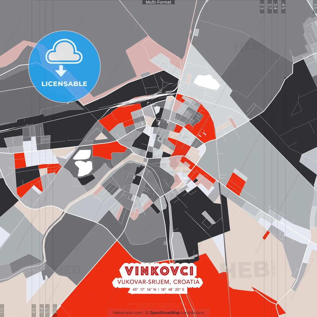 Vinkovci, Vukovar-Srijem, Croatia - modern street map poster template with gray and red tones