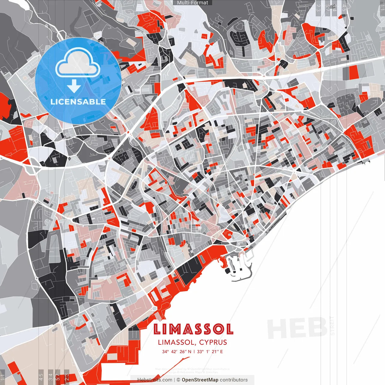 Limassol , Limassol, Cyprus - modern street map poster template with gray and red tones