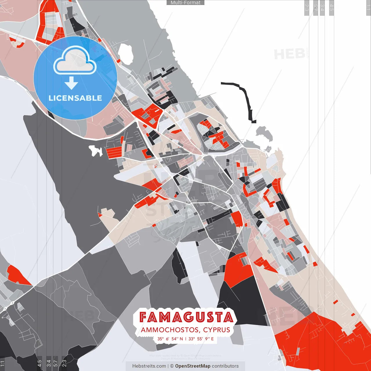 Famagusta , Ammochostos, Cyprus - modern street map poster template with gray and red tones