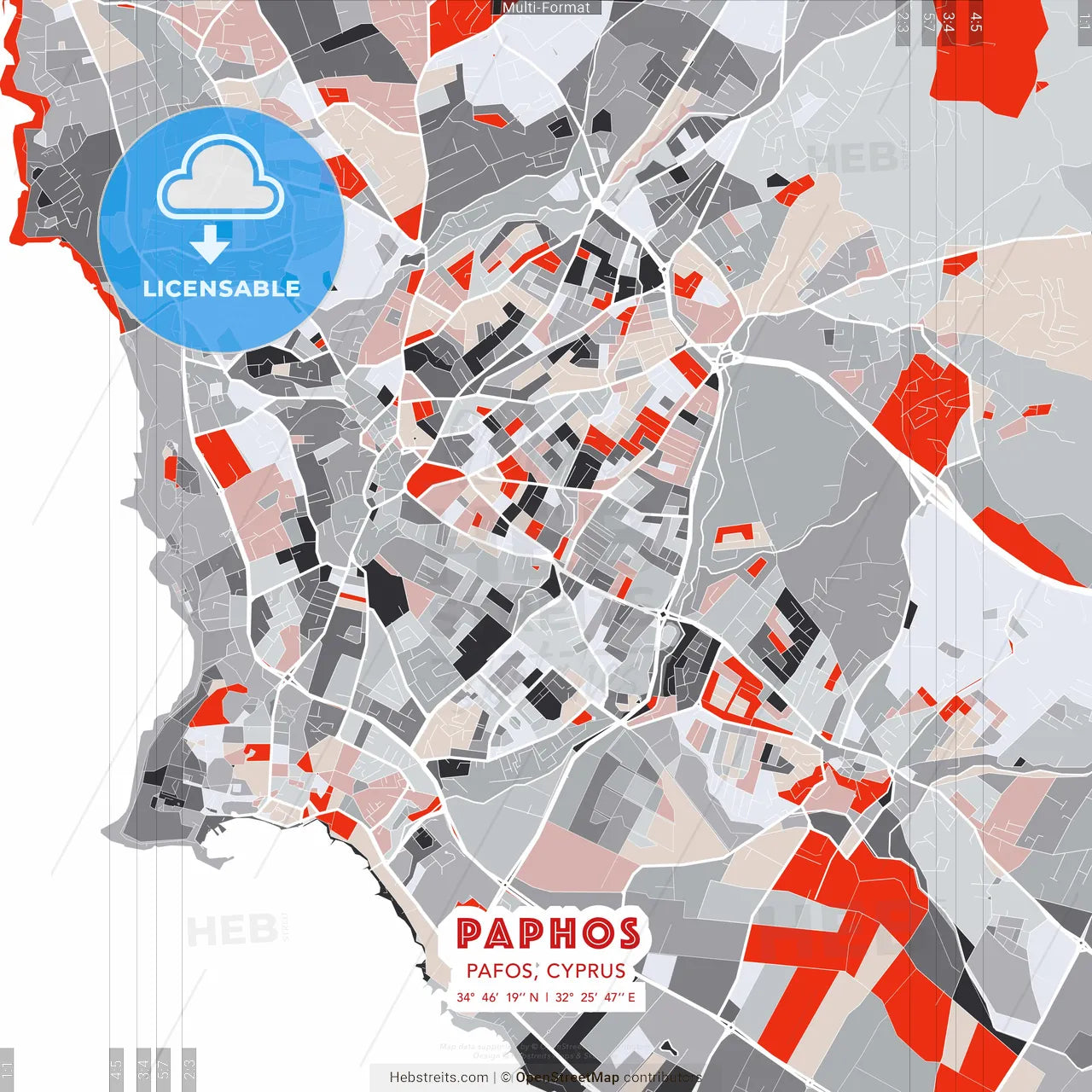Paphos , Pafos, Cyprus - modern street map poster template with gray and red tones