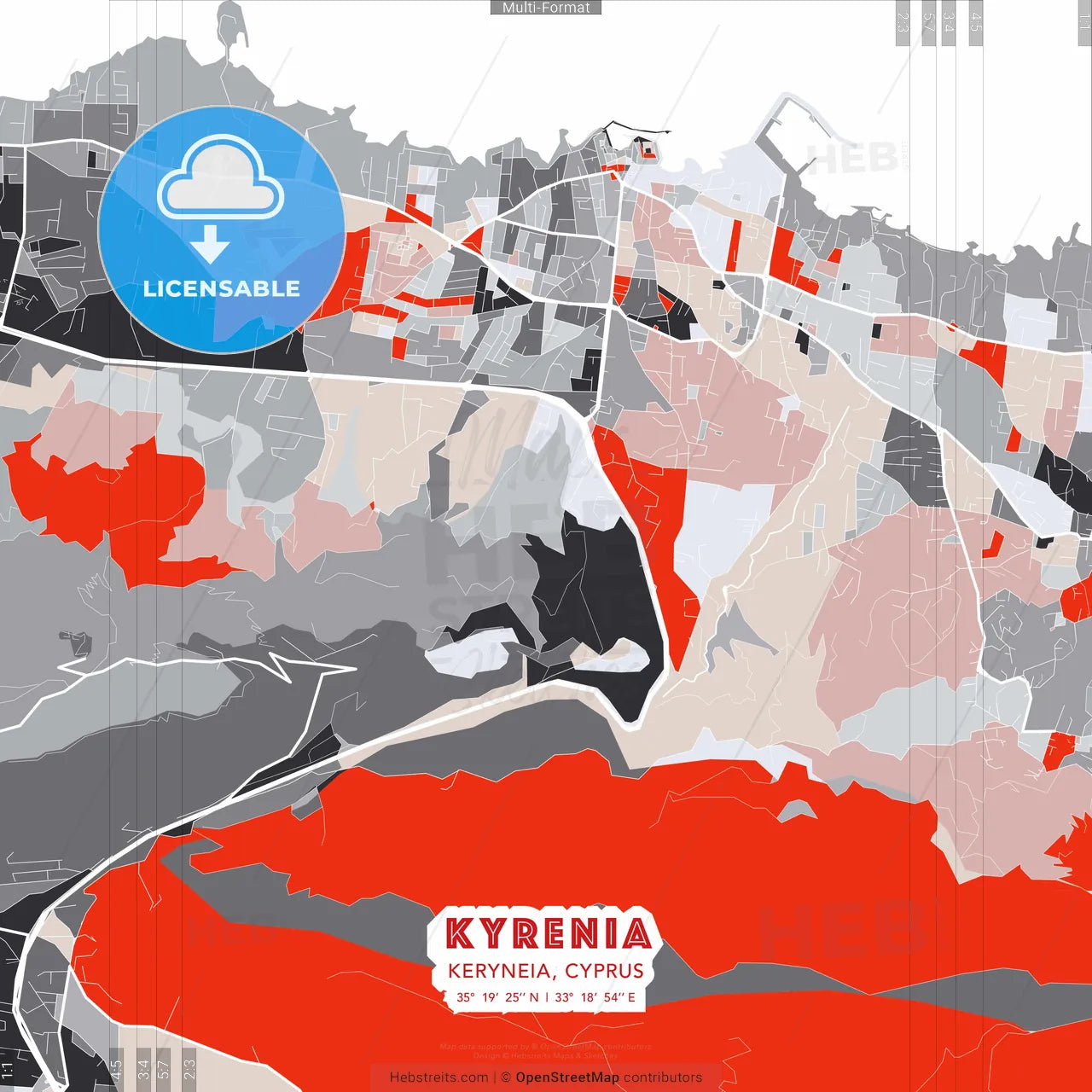 Kyrenia , Keryneia, Cyprus - modern street map poster template with gray and red tones