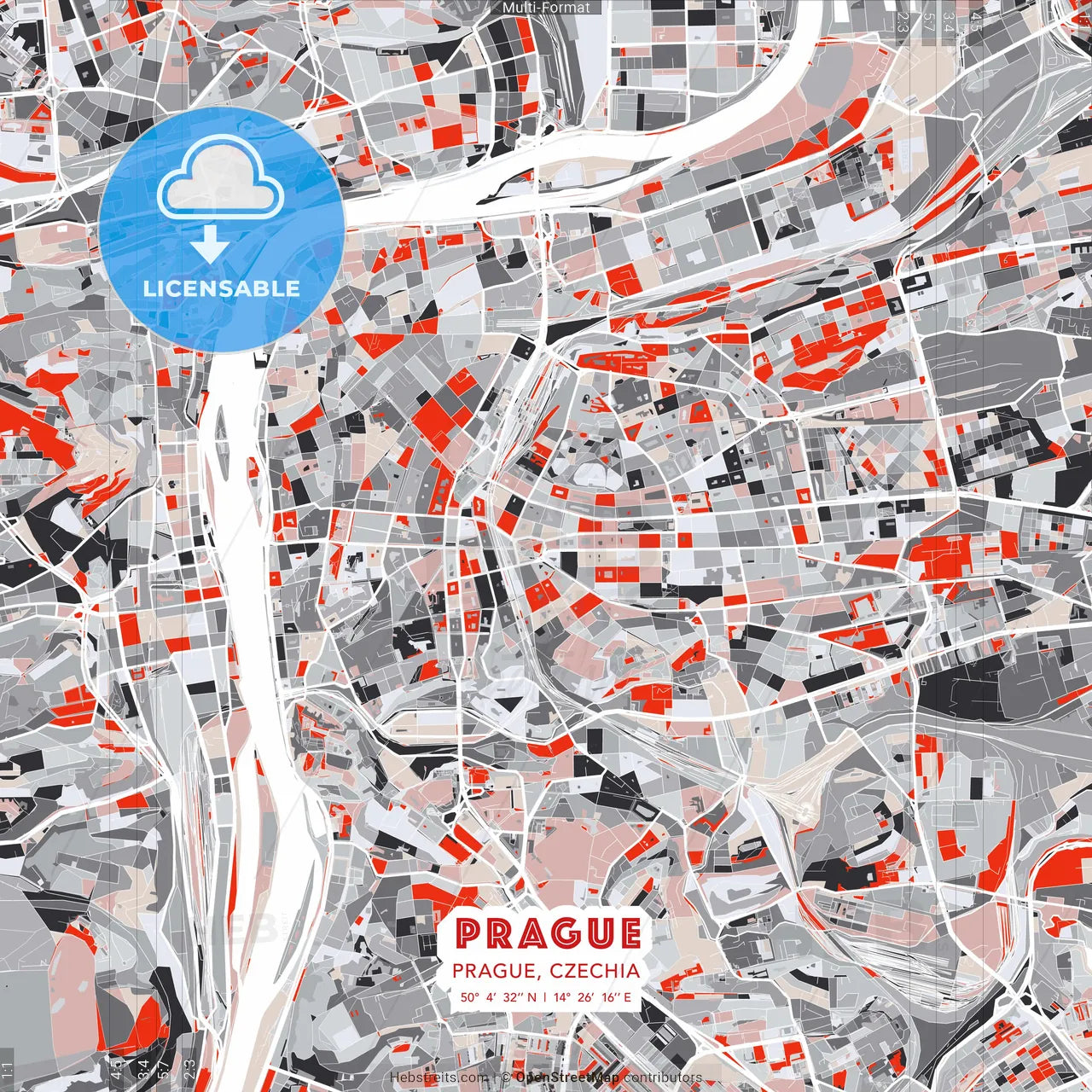 Prague, Prague, Czechia - modern street map poster template with gray and red tones