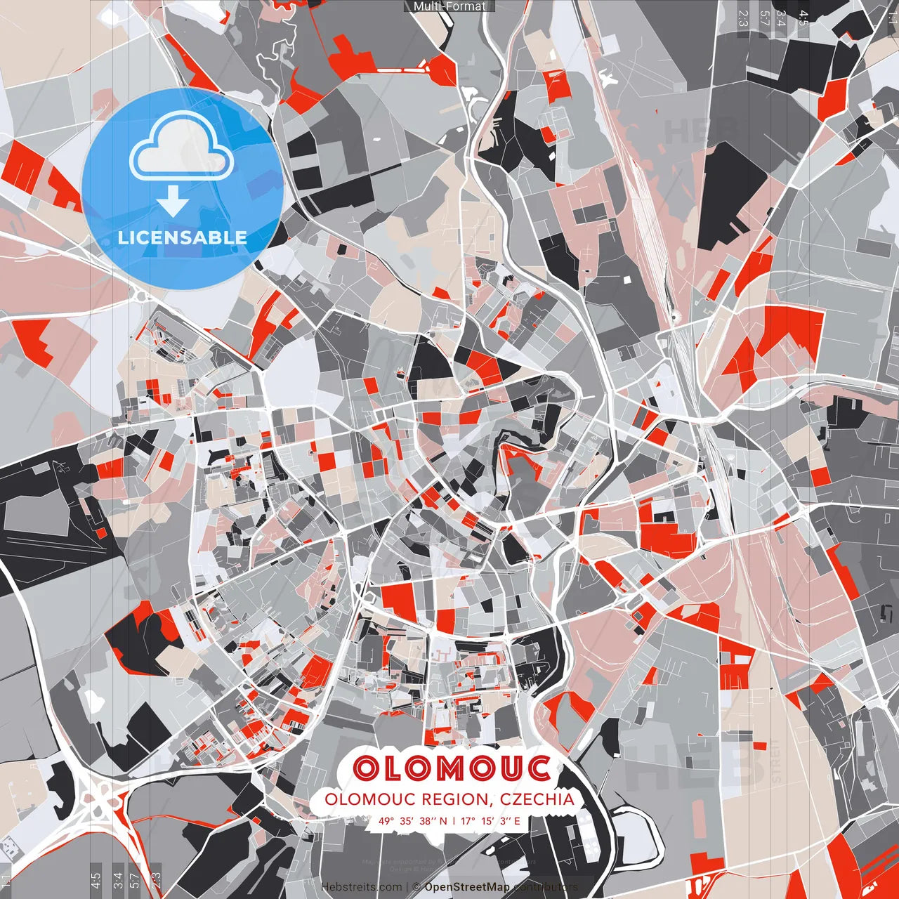 Olomouc, Olomouc Region, Czechia - modern street map poster template with gray and red tones