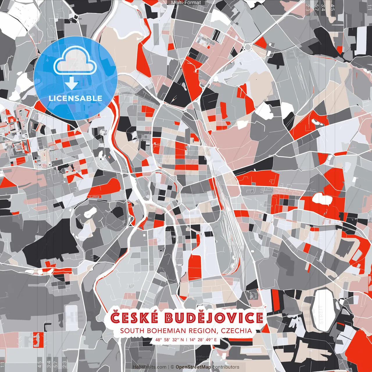 České Budějovice, South Bohemian Region, Czechia - modern street map poster template with gray and red tones