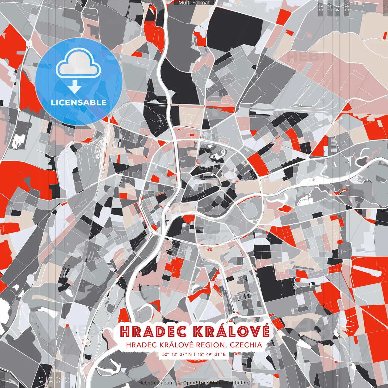 Hradec Králové, Hradec Králové Region, Czechia - modern street map poster template with gray and red tones