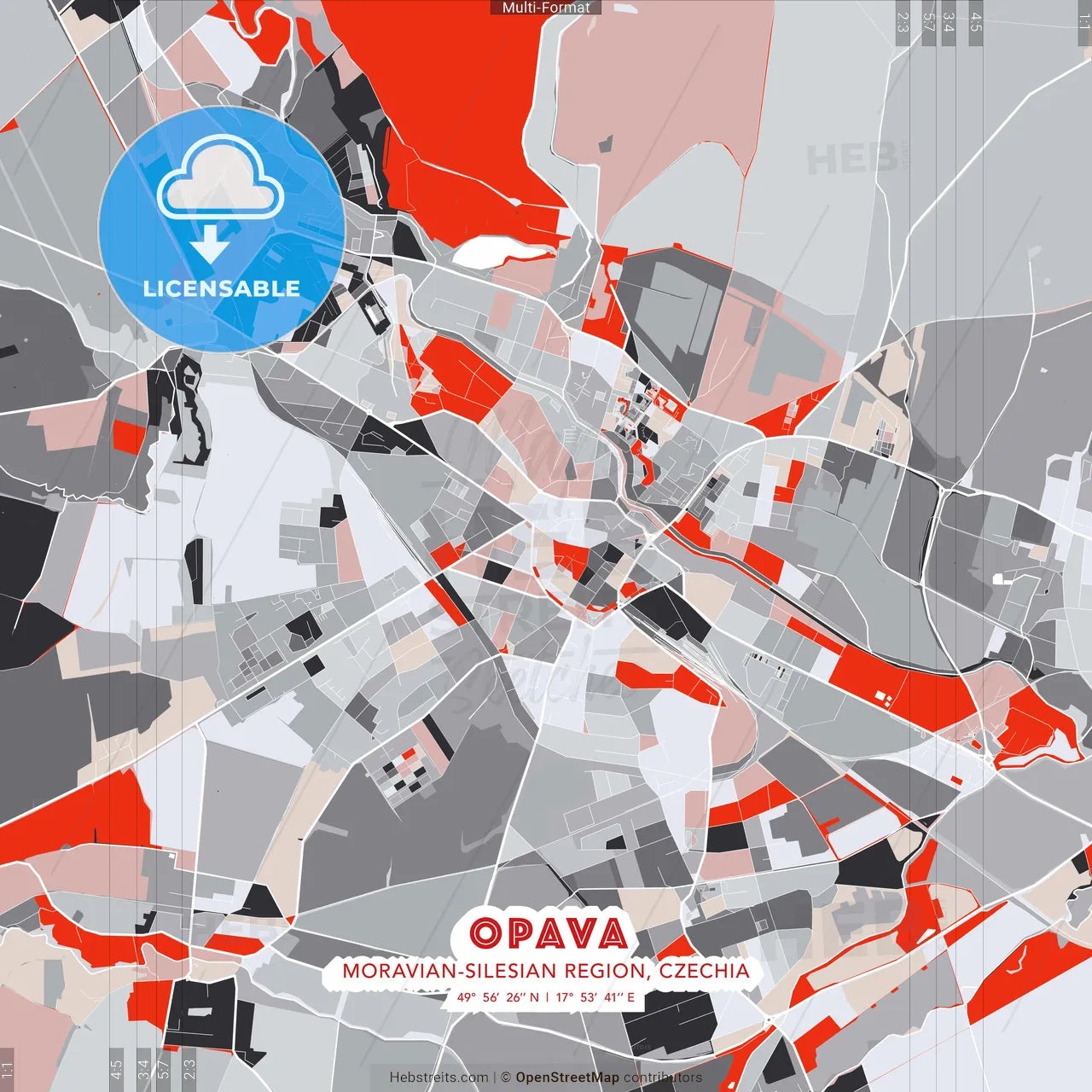 Opava, Moravian-Silesian Region, Czechia - modern street map poster template with gray and red tones