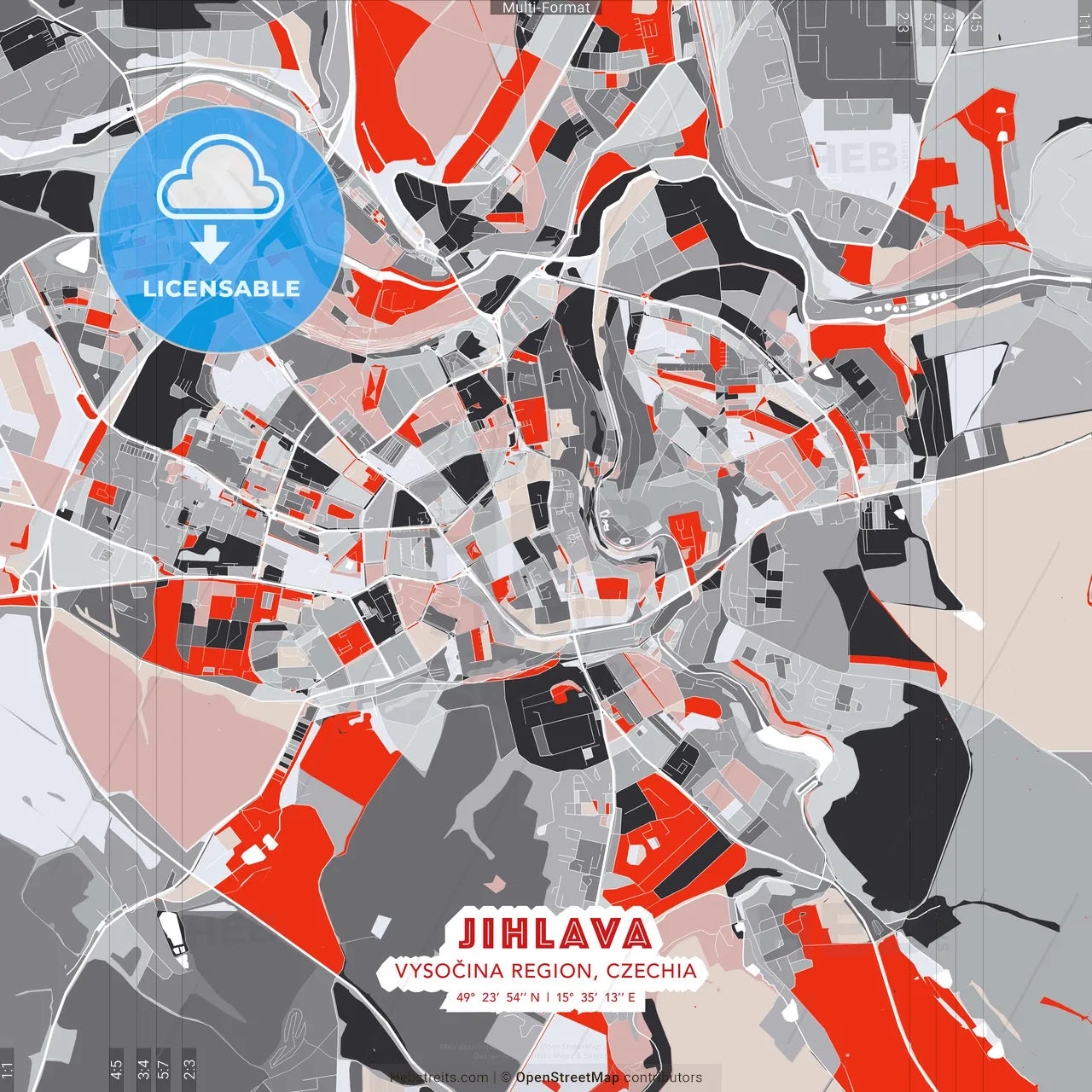 Jihlava, Vysočina Region, Czechia - modern street map poster template with gray and red tones