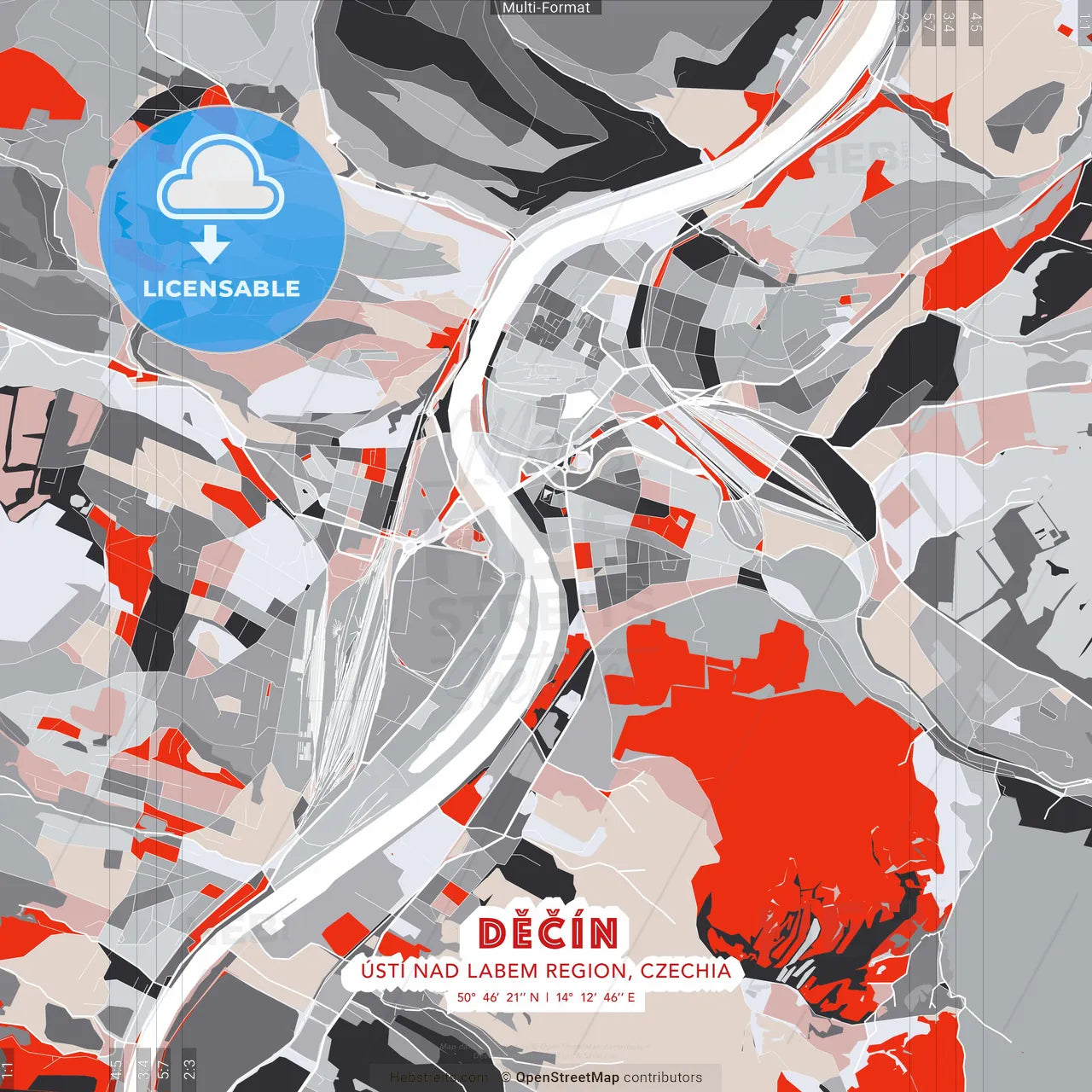 Děčín, Ústí nad Labem Region, Czechia - modern street map poster template with gray and red tones