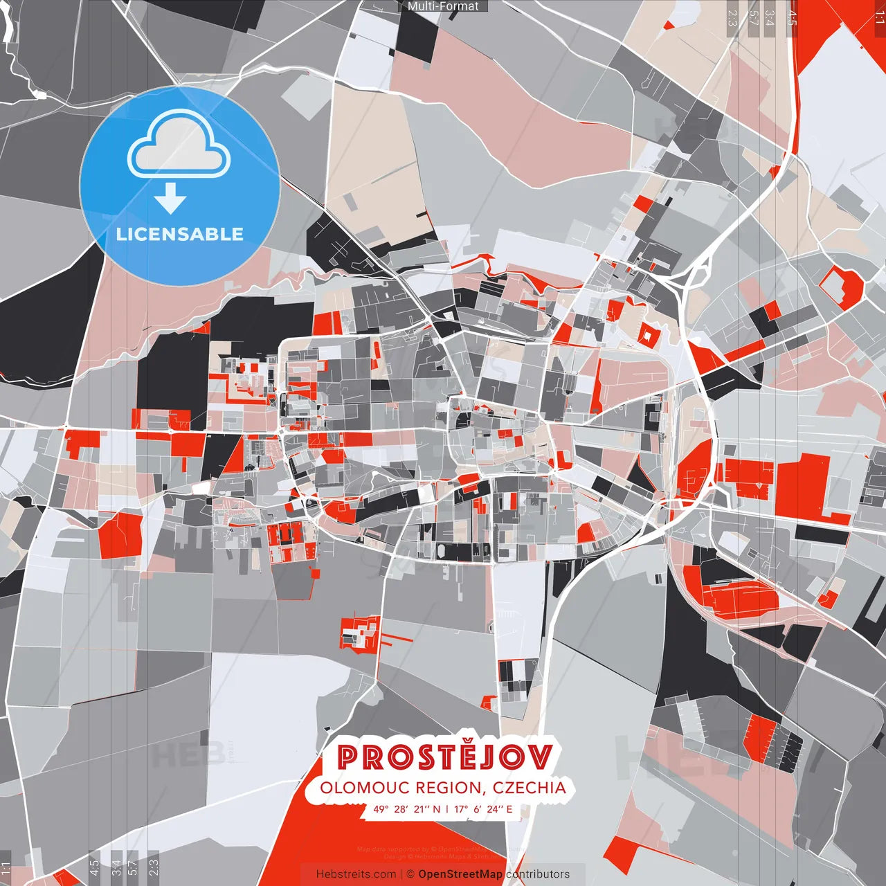 Prostějov, Olomouc Region, Czechia - modern street map poster template with gray and red tones