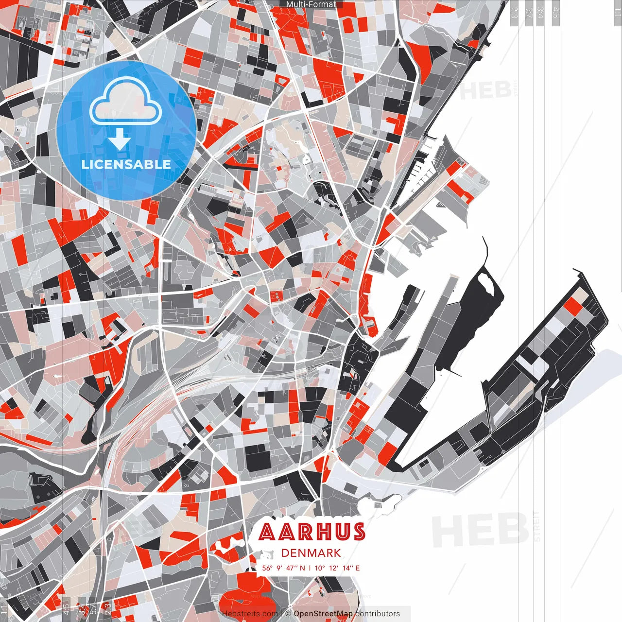 Aarhus, Denmark - modern street map poster template with gray and red tones