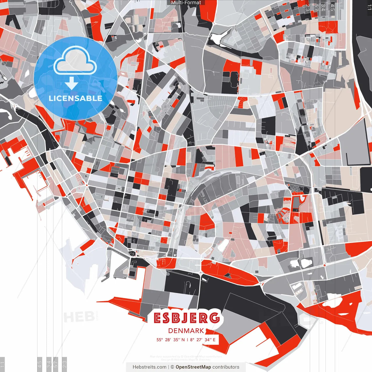 Esbjerg, Denmark - modern street map poster template with gray and red tones