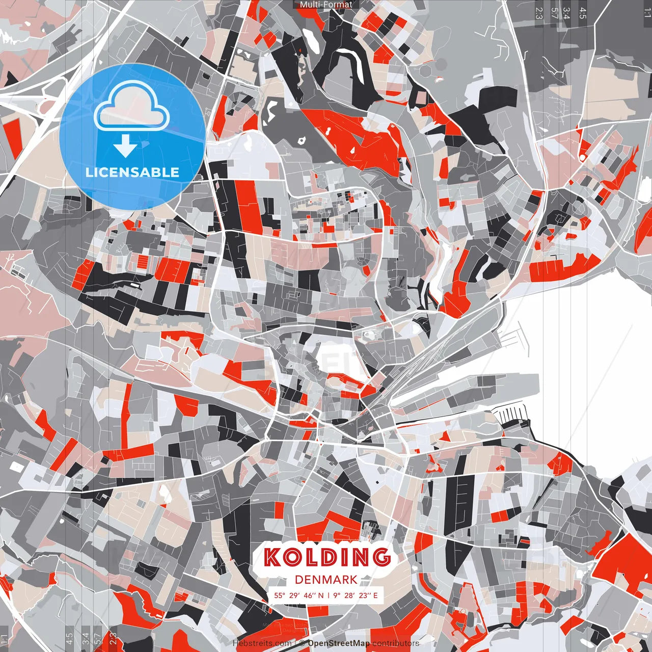 Kolding, Denmark - modern street map poster template with gray and red tones
