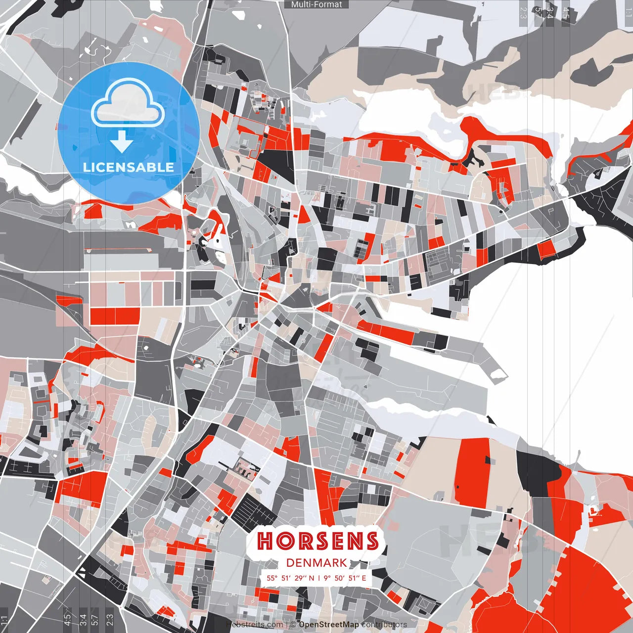 Horsens, Denmark - modern street map poster template with gray and red tones