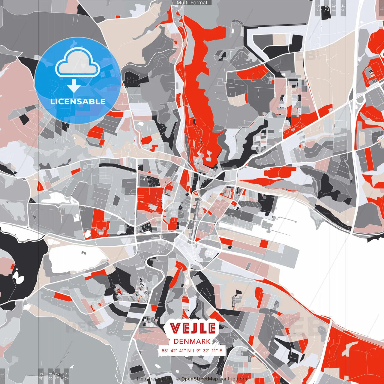 Vejle, Denmark - modern street map poster template with gray and red tones