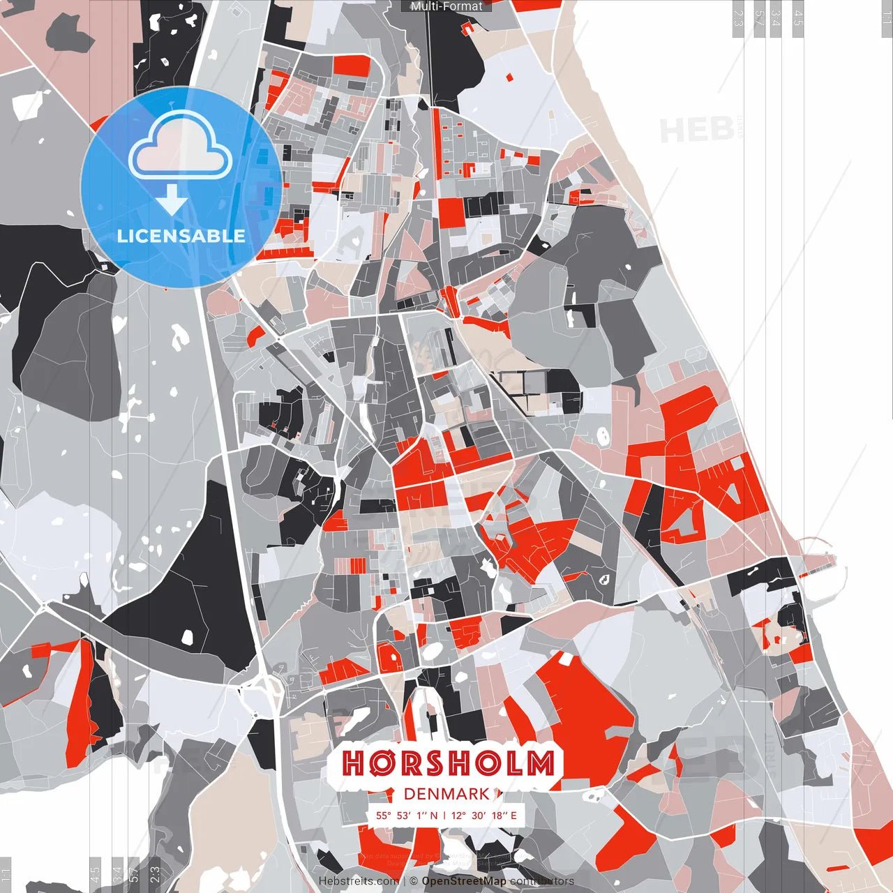 Hørsholm, Denmark - modern street map poster template with gray and red tones