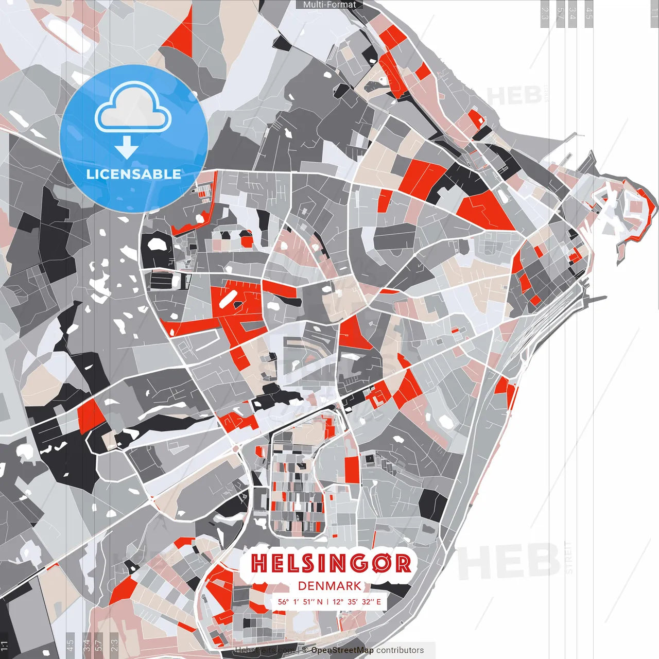 Helsingør, Denmark - modern street map poster template with gray and red tones