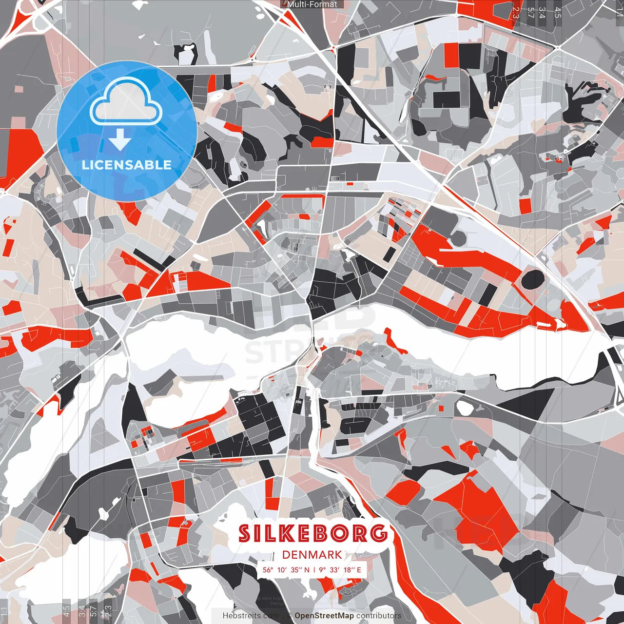 Silkeborg, Denmark - modern street map poster template with gray and red tones