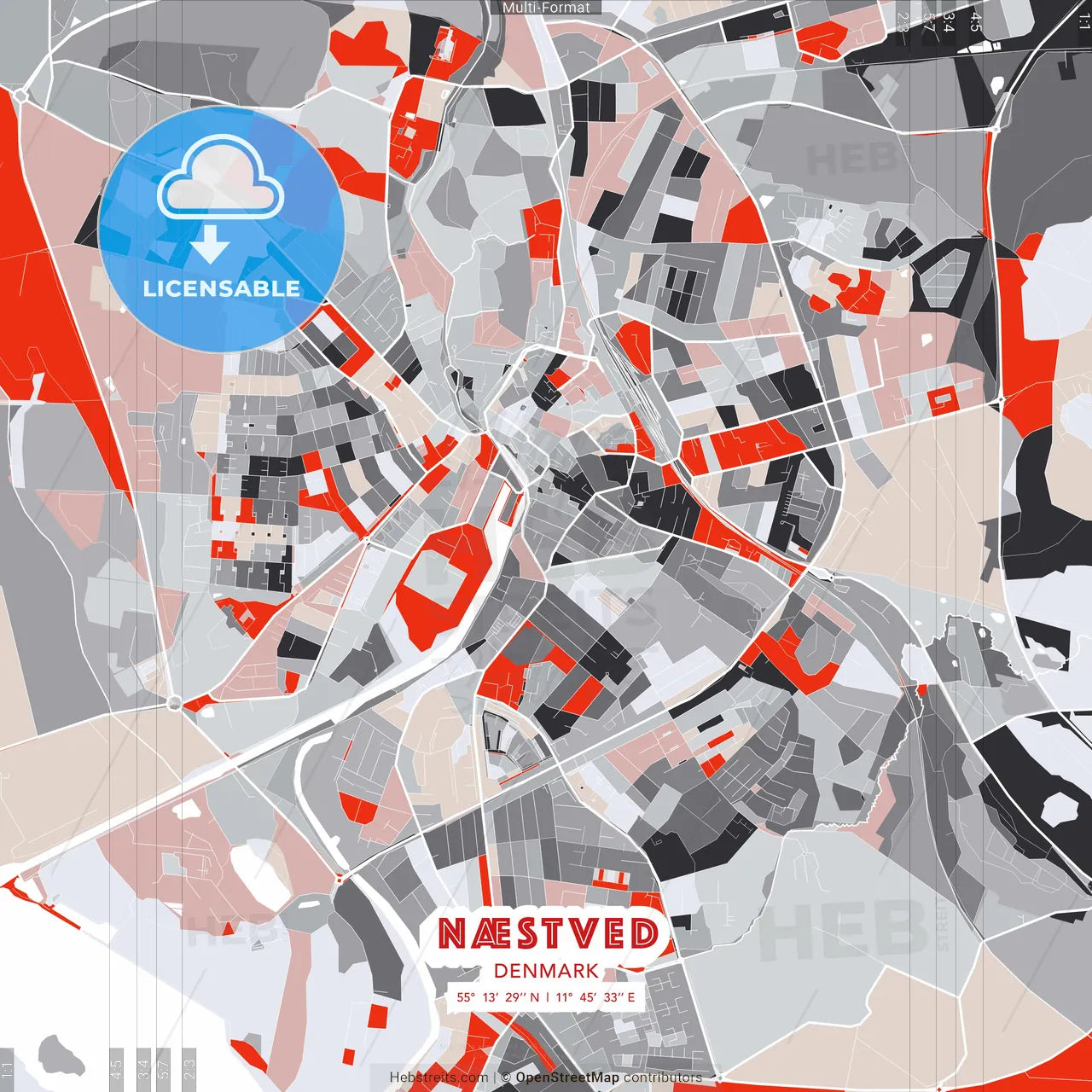 Næstved, Denmark - modern street map poster template with gray and red tones