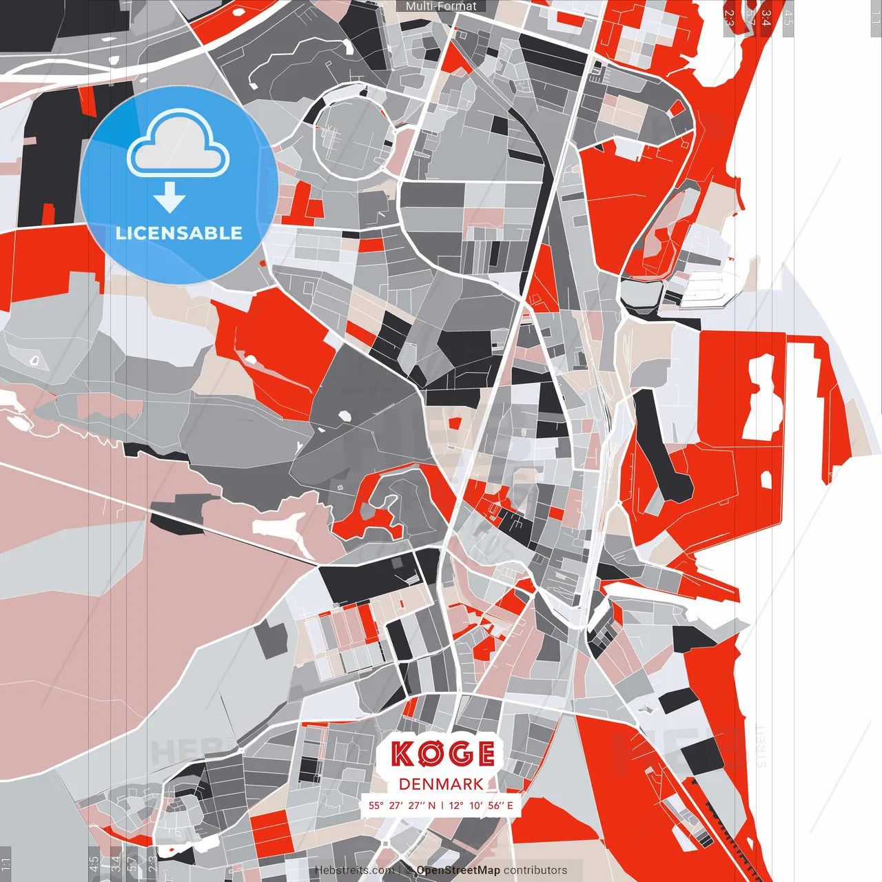 Køge, Denmark - modern street map poster template with gray and red tones