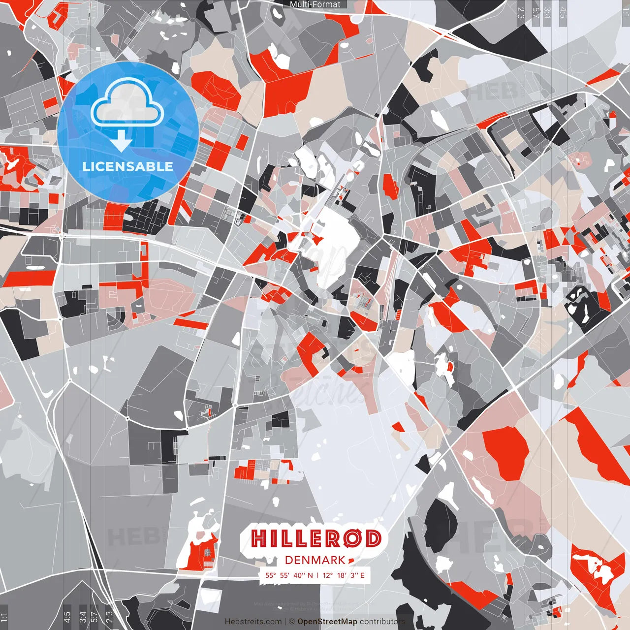 Hillerød, Denmark - modern street map poster template with gray and red tones