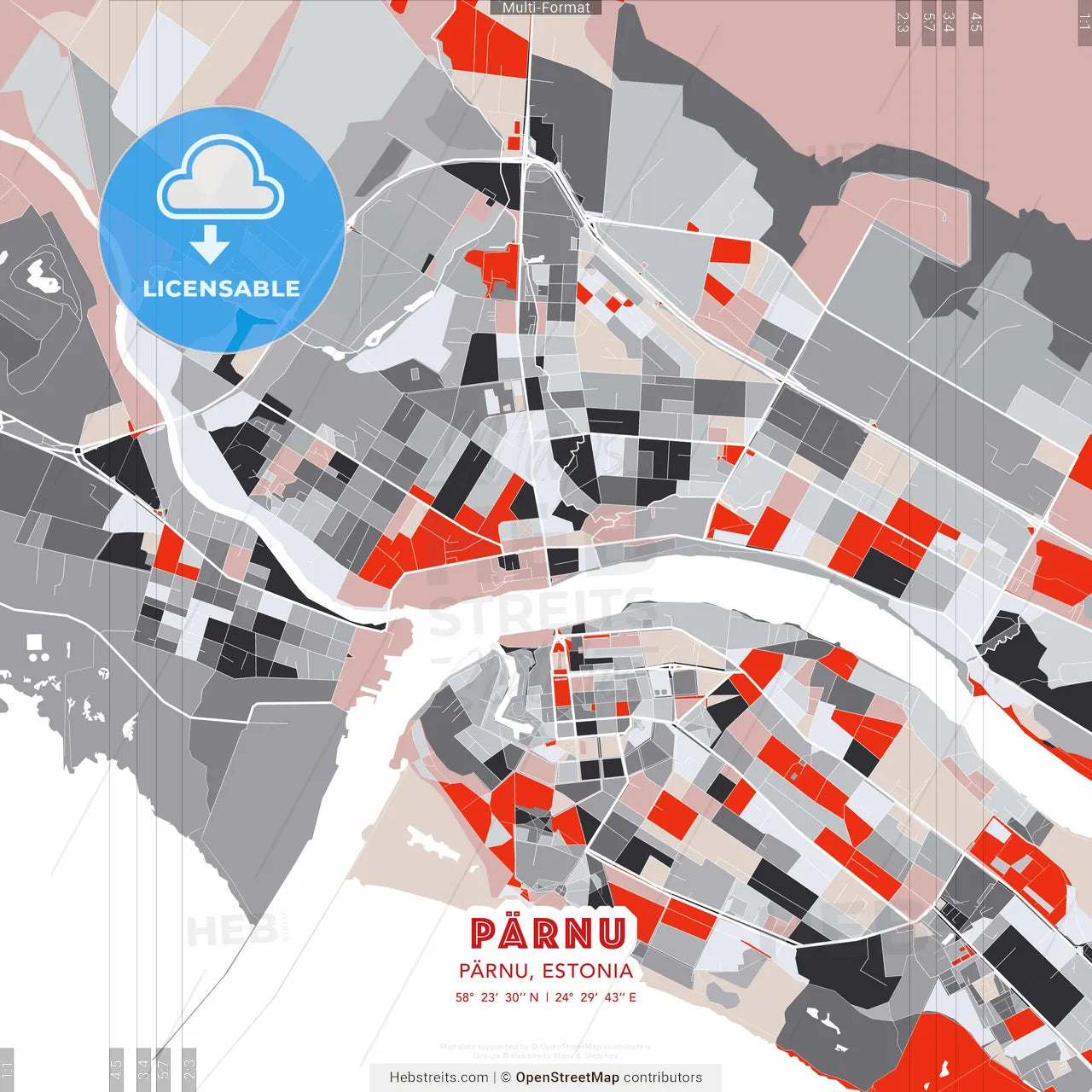 Pärnu, Pärnu, Estonia - modern street map poster template with gray and red tones