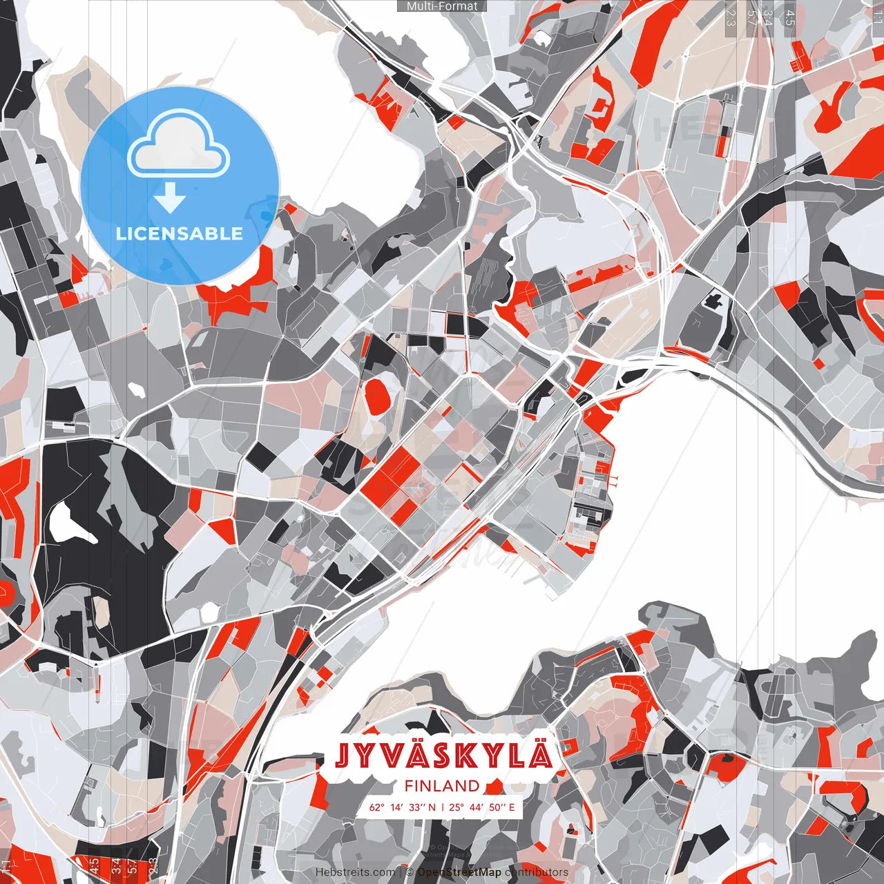 Jyväskylä, Finland - modern street map poster template with gray and red tones