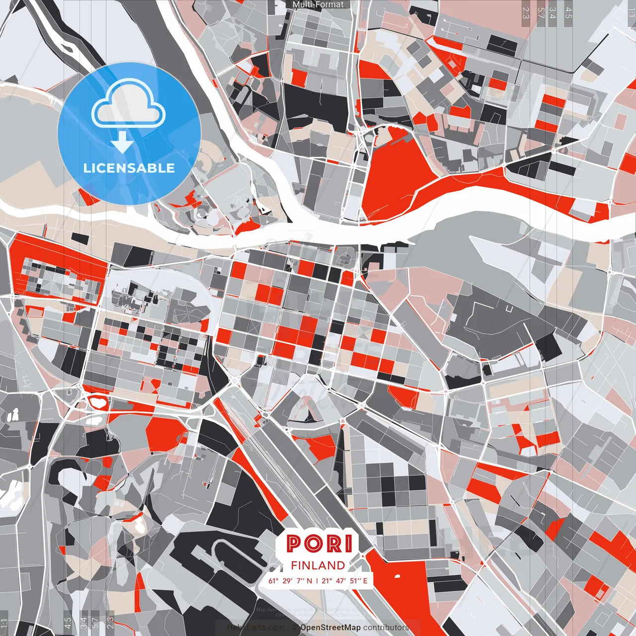 Pori, Finland - modern street map poster template with gray and red tones