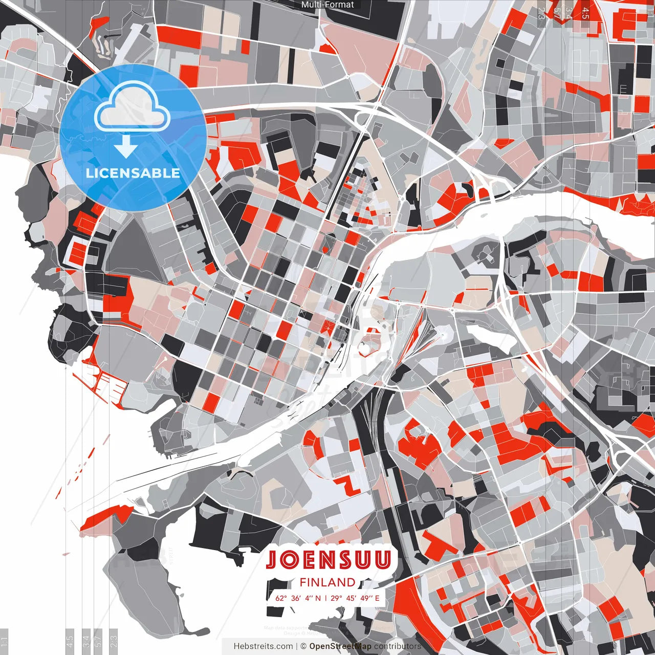 Joensuu, Finland - modern street map poster template with gray and red tones