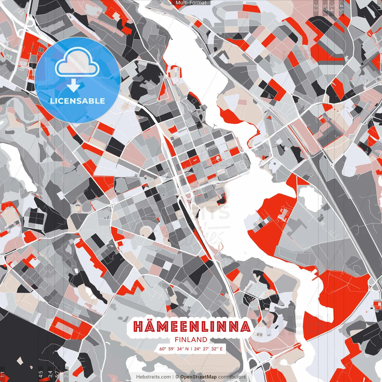 Hämeenlinna, Finland - modern street map poster template with gray and red tones
