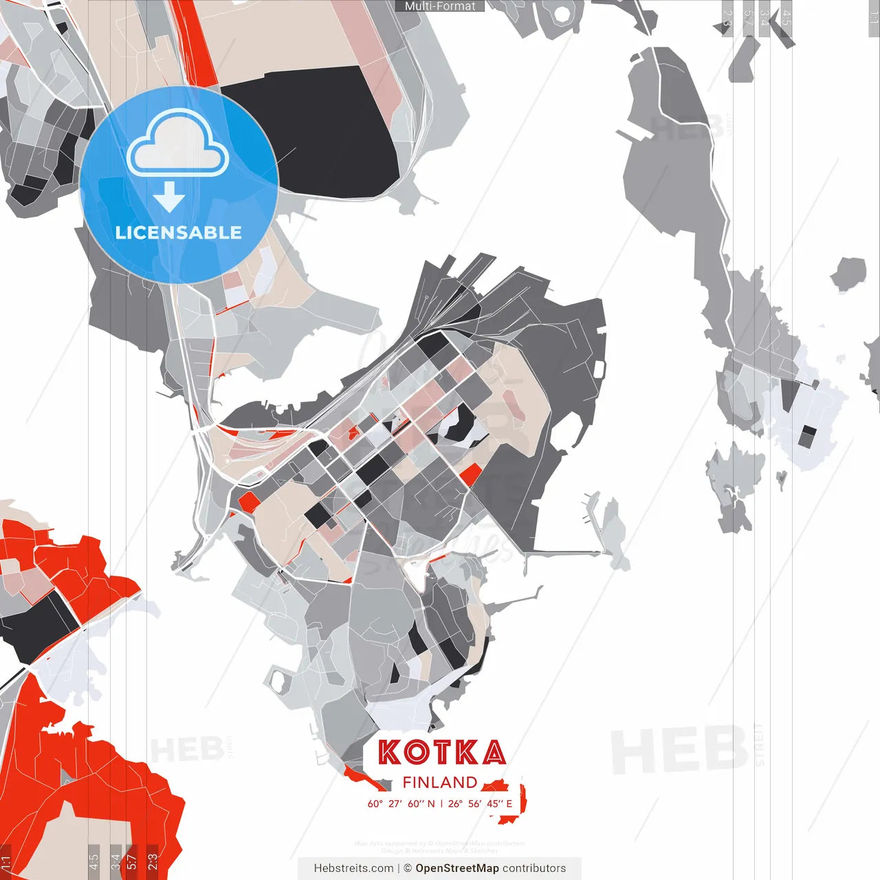 Kotka, Finland - modern street map poster template with gray and red tones
