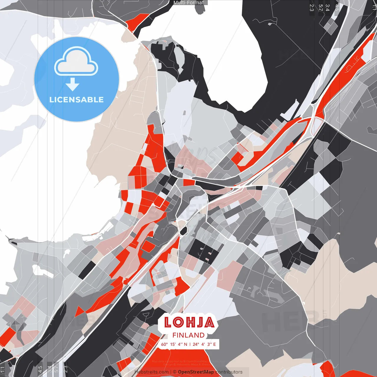 Lohja, Finland - modern street map poster template with gray and red tones