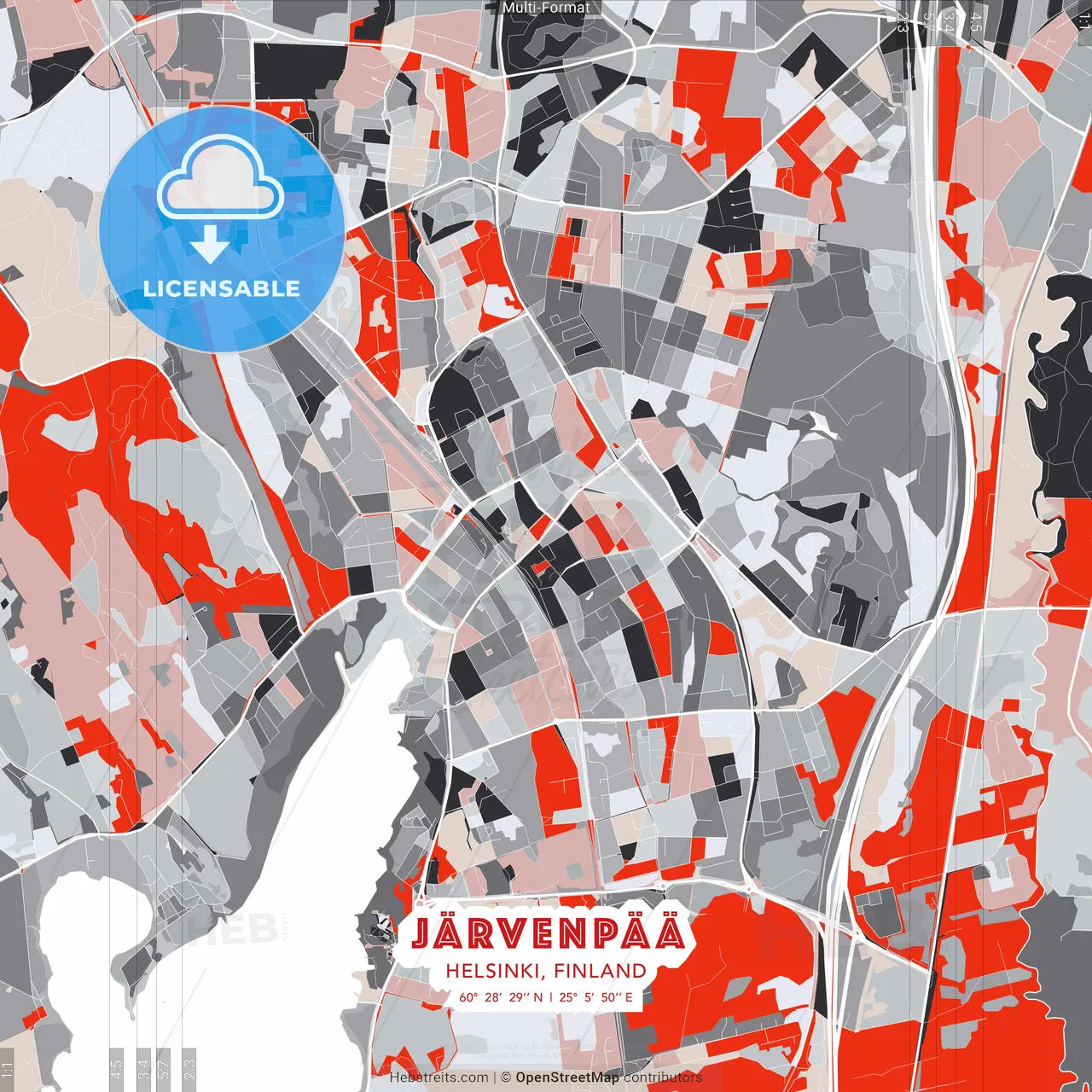 Järvenpää, Helsinki, Finland - modern street map poster template with gray and red tones
