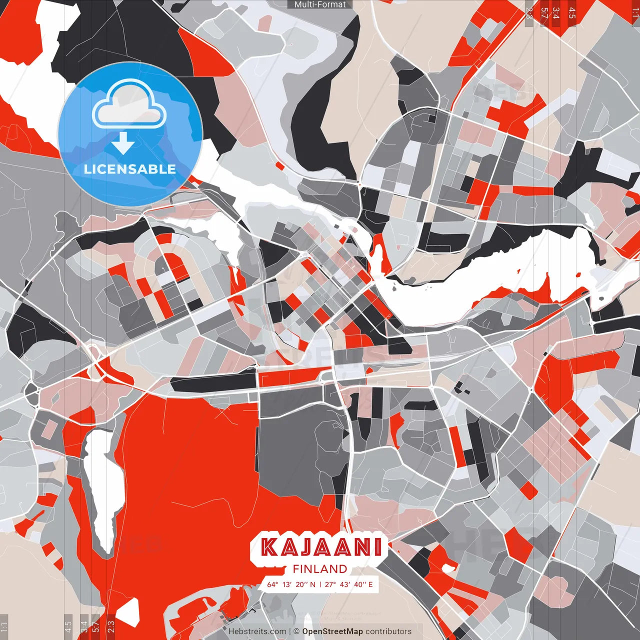 Kajaani, Finland - modern street map poster template with gray and red tones