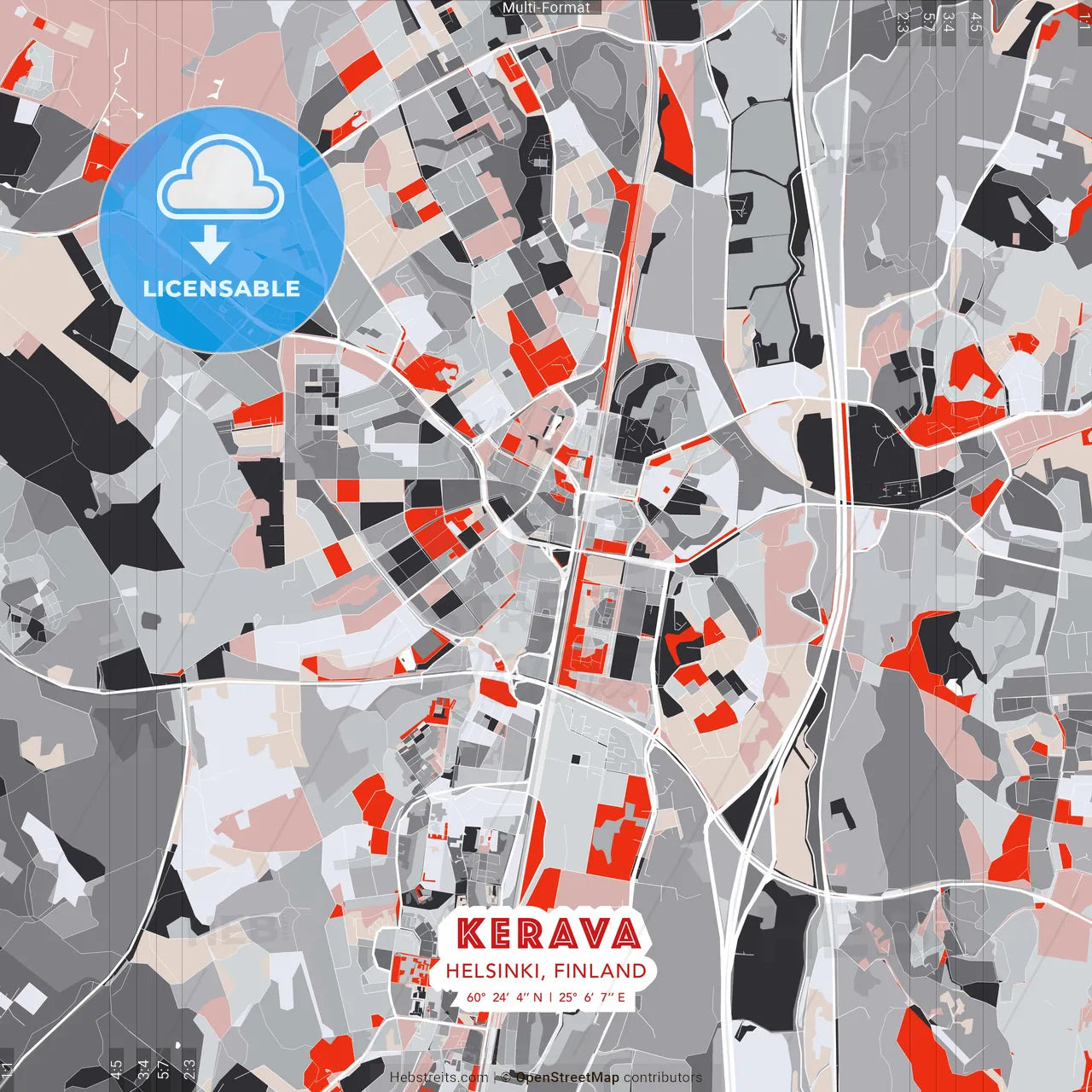 Kerava, Helsinki, Finland - modern street map poster template with gray and red tones